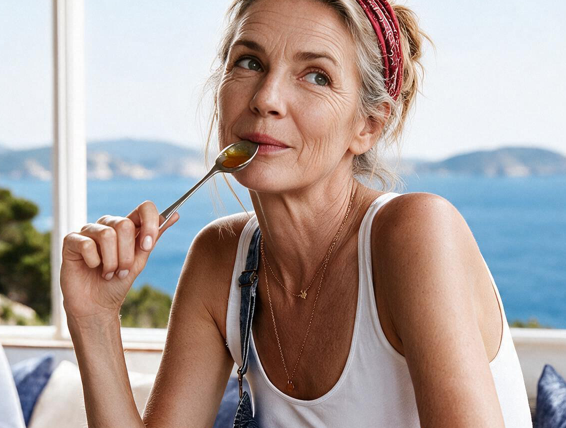 Woman enjoying a spoonful of TOMELI pine honey with the Aegean Sea behind